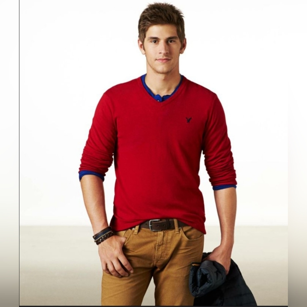 BNWT American Eagle Sweater Sise M Men's Cotton V-Neck Red College Academia